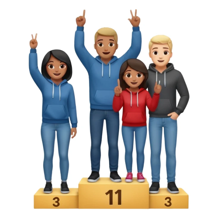 winners podium with three multi-racial people, center step higher, no numbers, all in jeans and hoodies, center person raises one finger on each hand, excited, fun, expressive emoji style sticker