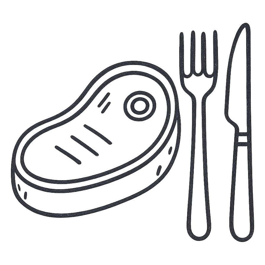 Add a fork and knife next to the steak, keeping the hand drawn black outline style, with no background. sticker