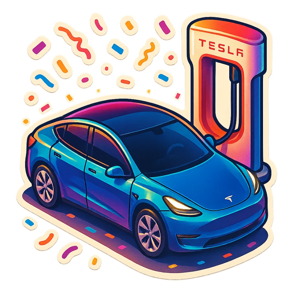 A Tesla Model Y parking at a supercharger, from above, with confetti sticker