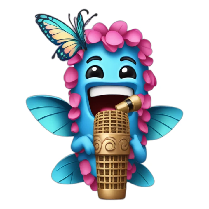 Cartoon Blue and pink tiki singing with butterfly and mikrophone sticker