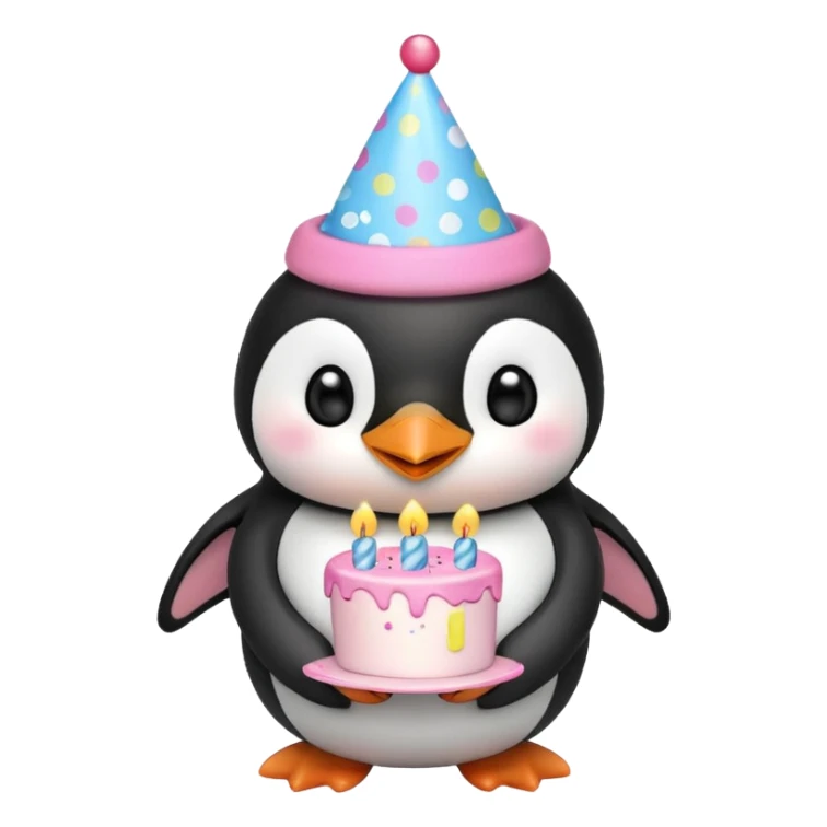 cute penguin  hold a birthday cake in both arms with pink birthday hat sticker