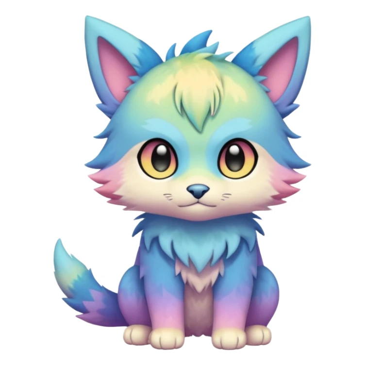 Pastel warm colorful-gradient anime-styled edgy cool badass cute random Fakémon-creature, with random markings, full body sticker