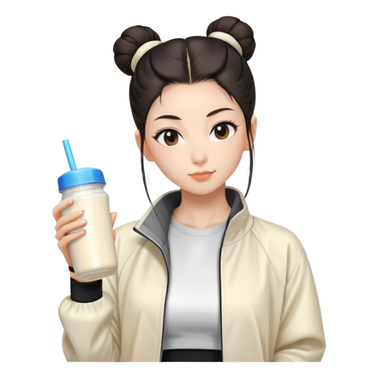 Japanese girl with cream jacket drinking pre workout shake middle part slick back bun sticker