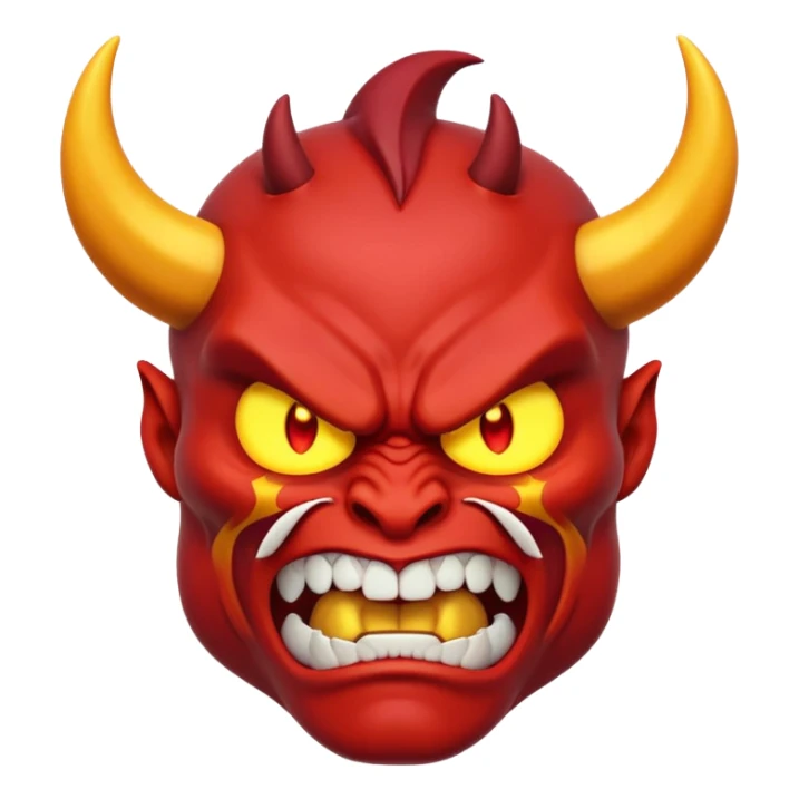 Muscular red demon emoji, 3D cartoon style, angry face, glowing eyes, unique horns. sticker
