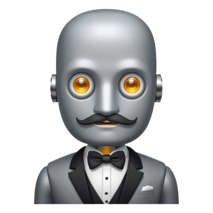 Gray Robot with a square head, no hair, thick handlebar moustache, headlight eyes, wearing a tuxedo, buff sticker