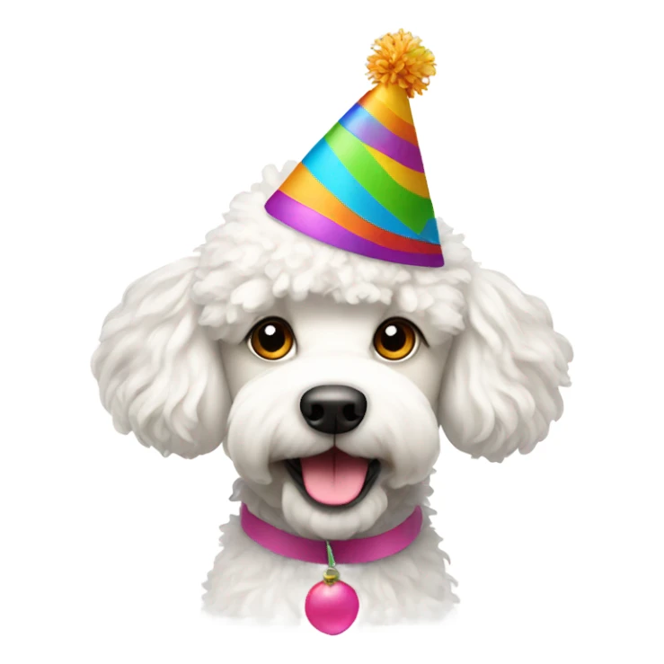Shaggy white poodle wearing happy birthday hat sticker