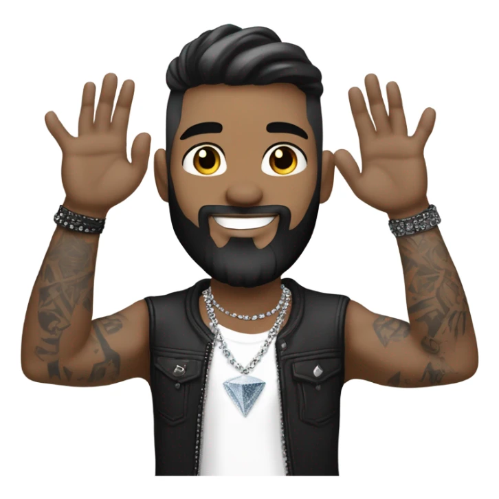 Younger white male that has grey blue eyes, dark brown hair with grey on the sides, a beard, and tattoos. He is wearing a diamond coated white gold necklace and a black punk band t-shirt while waving hello sticker