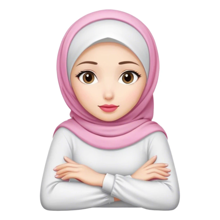 white hijab women are listening with her hands folded on the table. her lips is pink. sticker