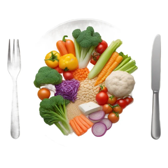 round white plate with healthy food sticker