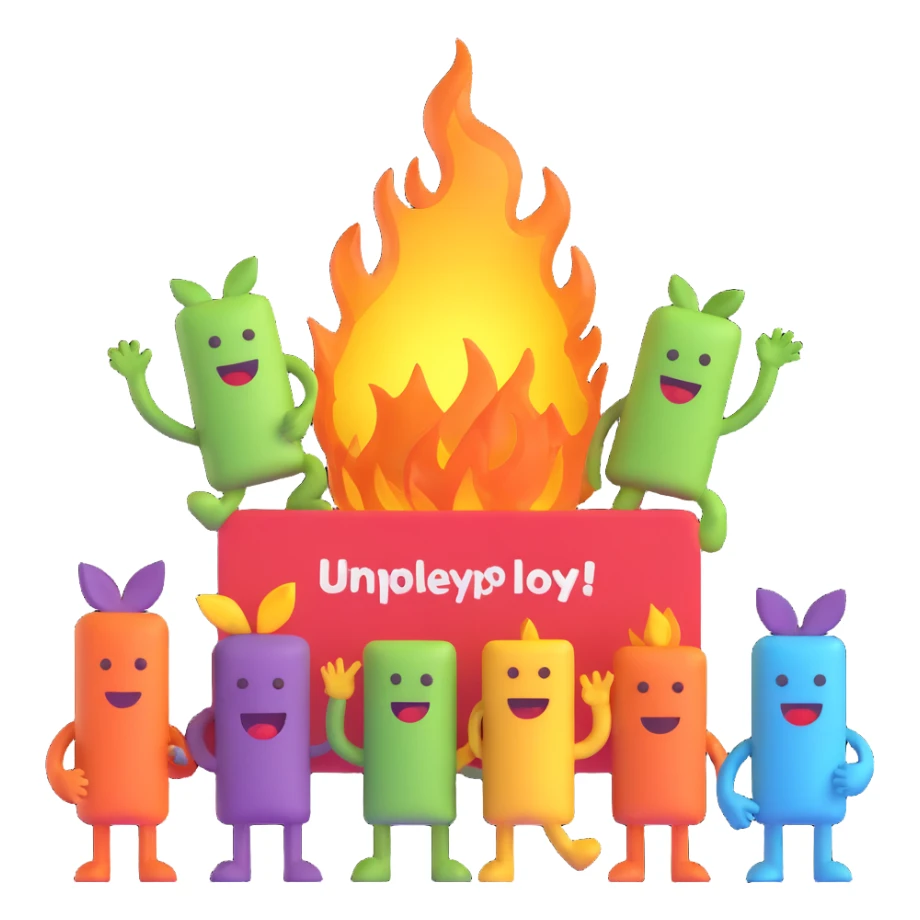 3D emoji-style group of creative characters with unique accessories gathered around the words 'unemployd retards', radiating playful mischief sticker