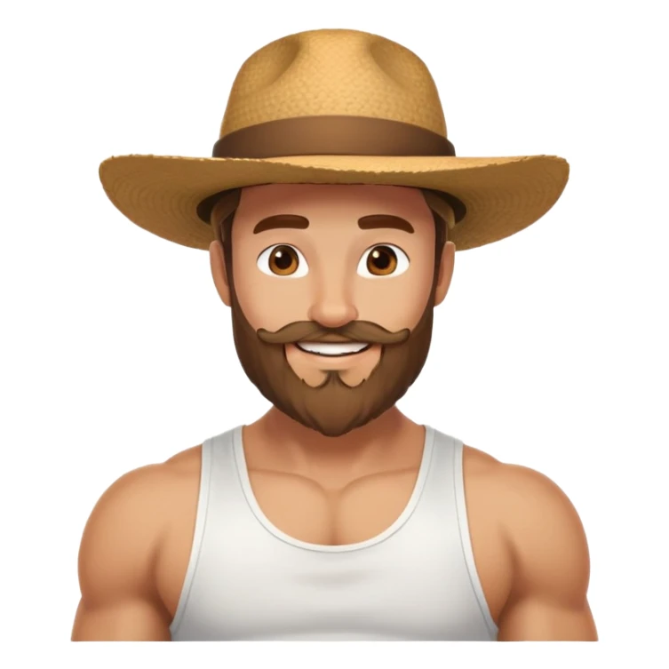 Muscular man with mid-long hair wearing a hat, big beard, smiling, white tank top sticker