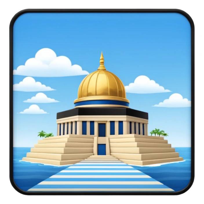 epstein island cubic temple with blue horizontal stipes on the side and a goldon dome on top sticker