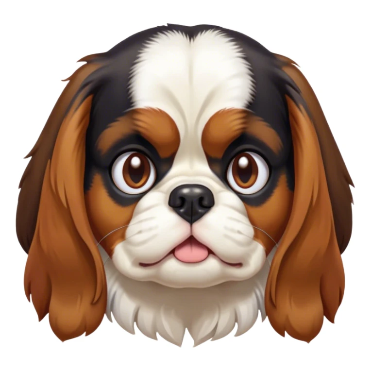 Cinematic Grumpy Tri-Colour Cavalier King Charles Spaniel Portrait Emoji, Head tilted slightly with a deeply unimpressed expression, thick tri-colour fur with pronounced black, white, and tan markings, large, droopy brown eyes narrowed into an unamused glare, ears slightly drooping in exasperation, Simplified yet comically expressive features, highly detailed, glowing with a dry, sarcastic glow, high shine, effortlessly judgmental yet dignified, stylized with a touch of cynicism, bright but brooding, soft glowing outline, capturing the essence of an eternally unimpressed yet endearing companion, so lifelike it feels like it could sigh heavily at you in disdain at any moment! sticker