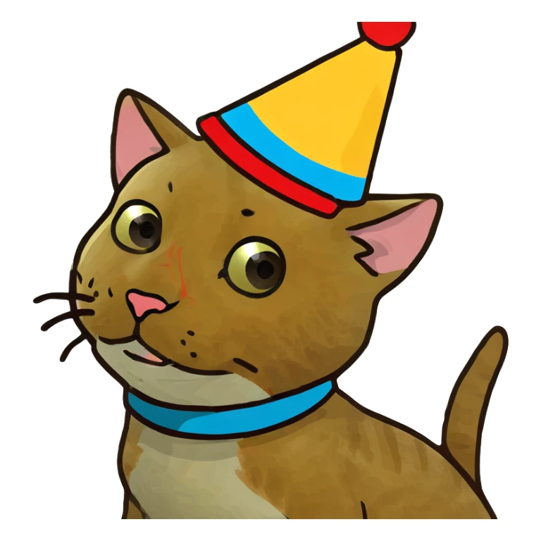 ginger tabby kitten celebrating birthday, wearing a birthday hat, with birthday cake, balloons, happy expression, and gifts sticker