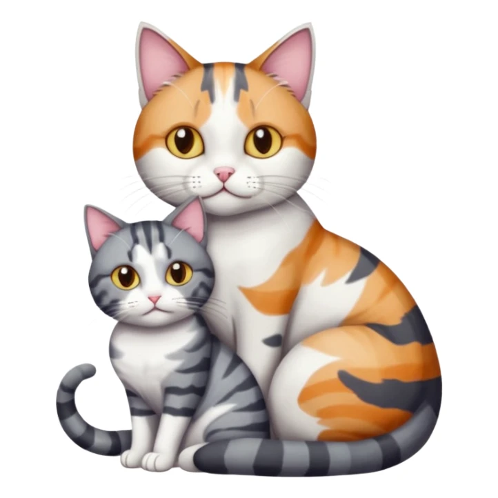 full body colourful light patched calico + white tabby cat cuddling a bigger cat that is dark grey and white tabby cat  and they are in love sticker