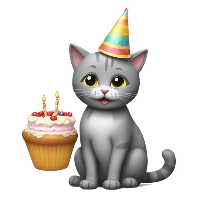 grey cat sitting holding a cake wearing a party hat sticker