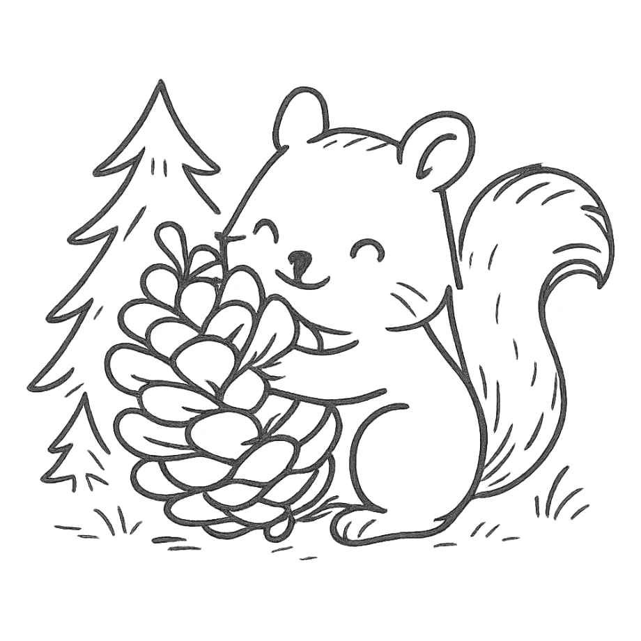 squirrel hugging a giant pine cone, forest kawaii illustration, hand-drawn style sticker