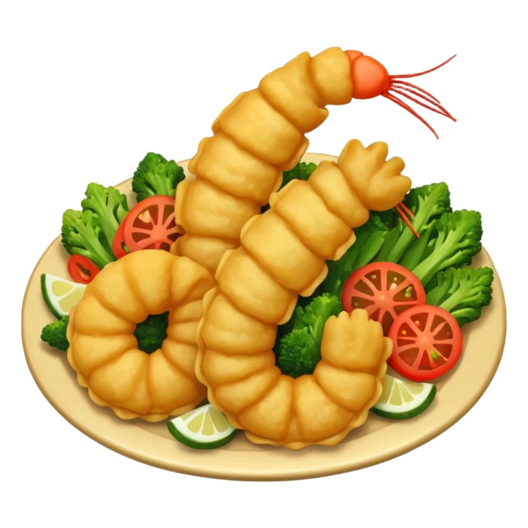 realistic tempura dish emoji, shrimp and vegetables, crispy golden coating, dynamic lighting sticker