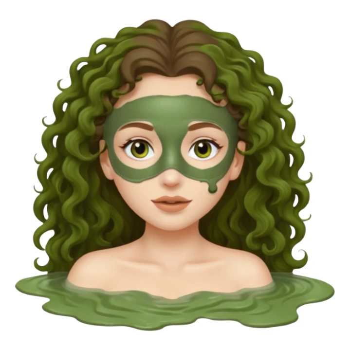 pale white girl with long brown curly hair green spa mud mask sticker