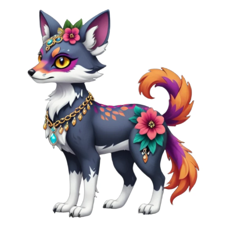 Multicolored dark edgy spooky hot badass realistic floral exotic Falvie-Fionbri-animal, full body, wearing jewelries sticker