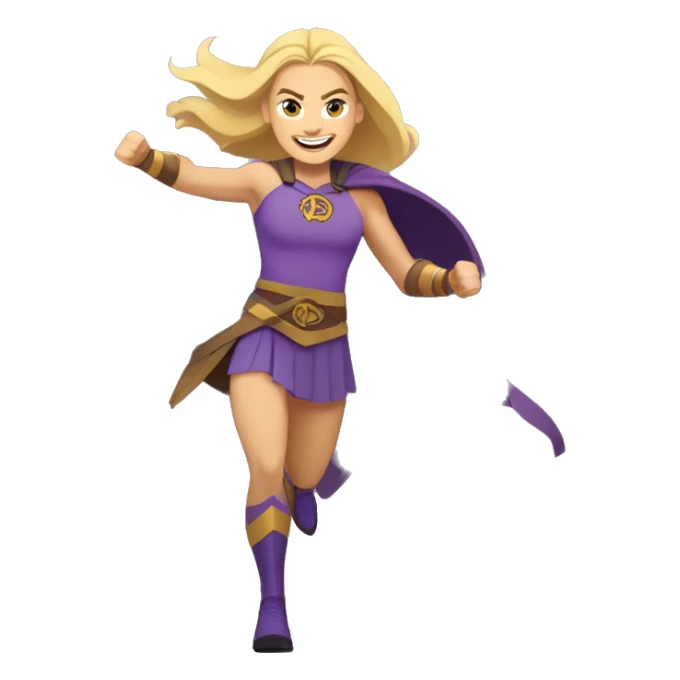 blond haired tall superhero woman with strong shoulders happily boldly charging into action. Her face looks like actress Annie Murphy. Her costume colors are purple and yellow. Her shoes are Hoka. The emblem on her costume is a Minnesota Viking. sticker