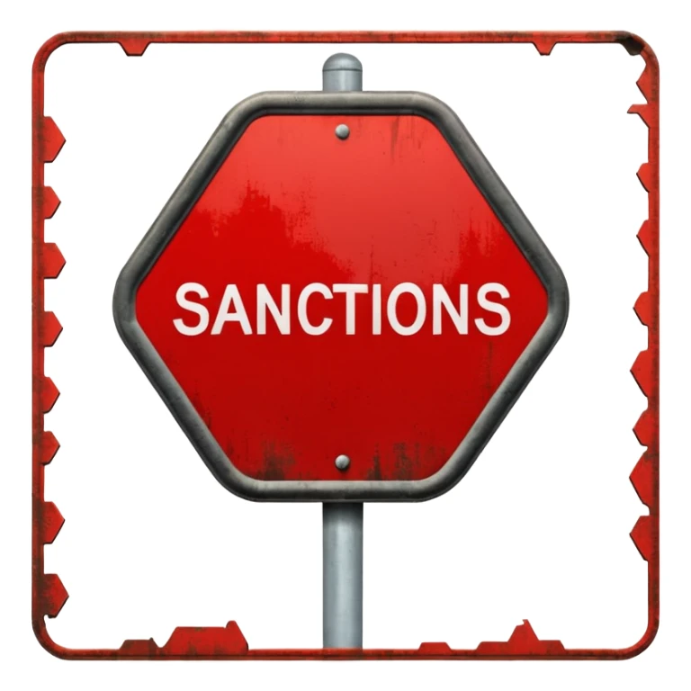 red, road sign, hexagonal, with the inscription SANCTIONS sticker