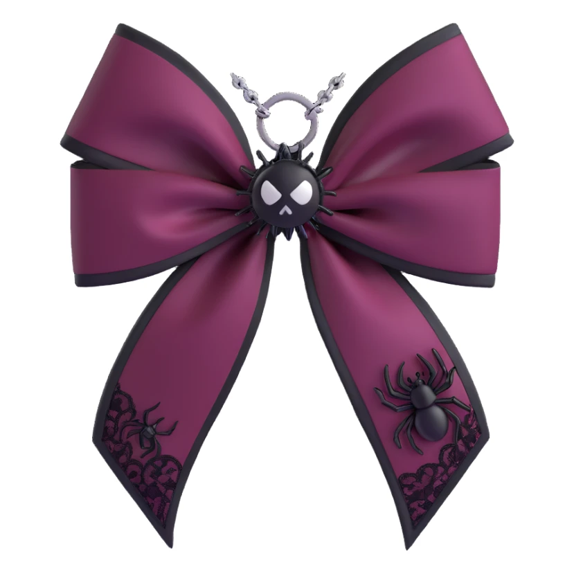 3D emoji gothic bow, dark burgundy satin, black lace overlay, silver spider charm, moody and elegant sticker
