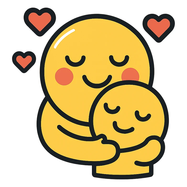 cute loving emoji with two emojis hugging, surrounded by small hearts sticker