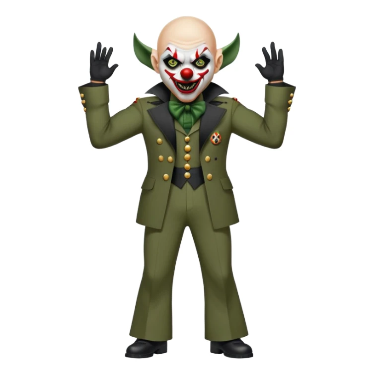 evil clown, bald, small black satan horns on forehead, fangs, pointed ears, black and military green leisure suit with bellbottom pants, realistically proportioned, less bulky, full body, battle-ready fighting posture sticker