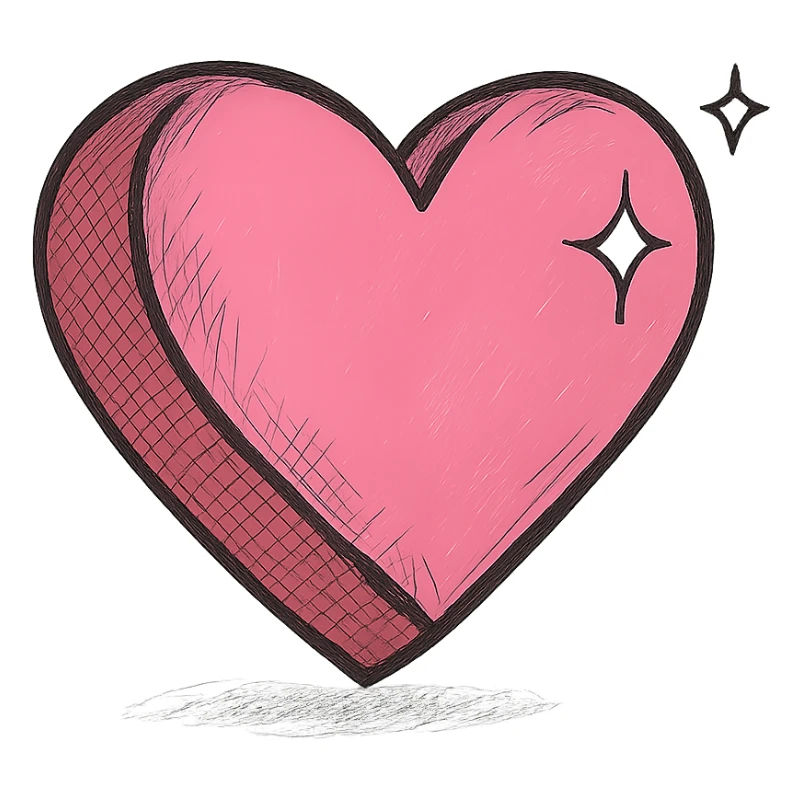 Add a realistic drop shadow to the 3D large pink heart with sparkles and gold outline, keeping the hand drawn black outline style, on a white clean background. sticker