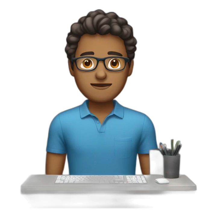 A Brown man with Brown eyes and Brown glasses. He has a blue shirt and he works on his computer sticker