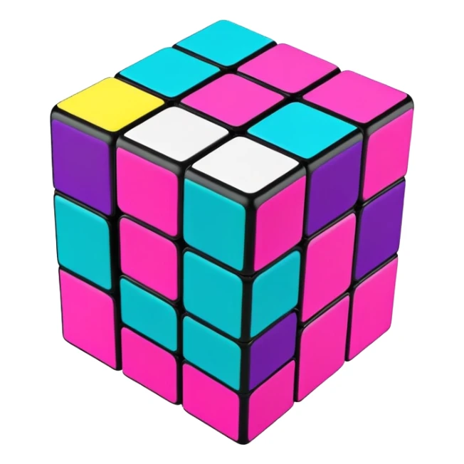 A 3x3 Rubik's Cube with radical 90s American color scheme, slightly twisted position, fluorescent colors, teal, hot pink, neon yellow, and purple sticker