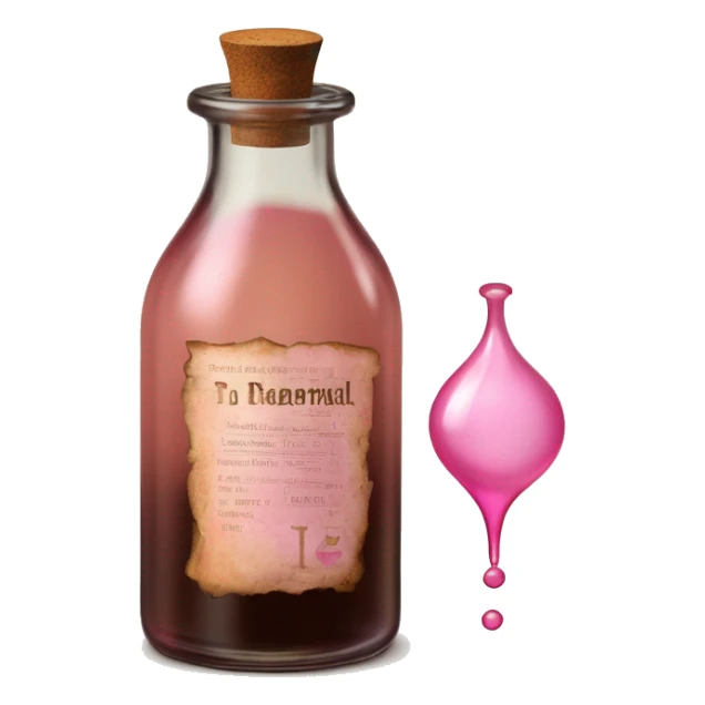 Mysterious Alchemical vintage glass potion bottle, exquisite bottle shape, old and shabby, with label, stylish and minimalistic, brown and pink, oil potion is poured out of the bottle, oil is spilled next to it sticker