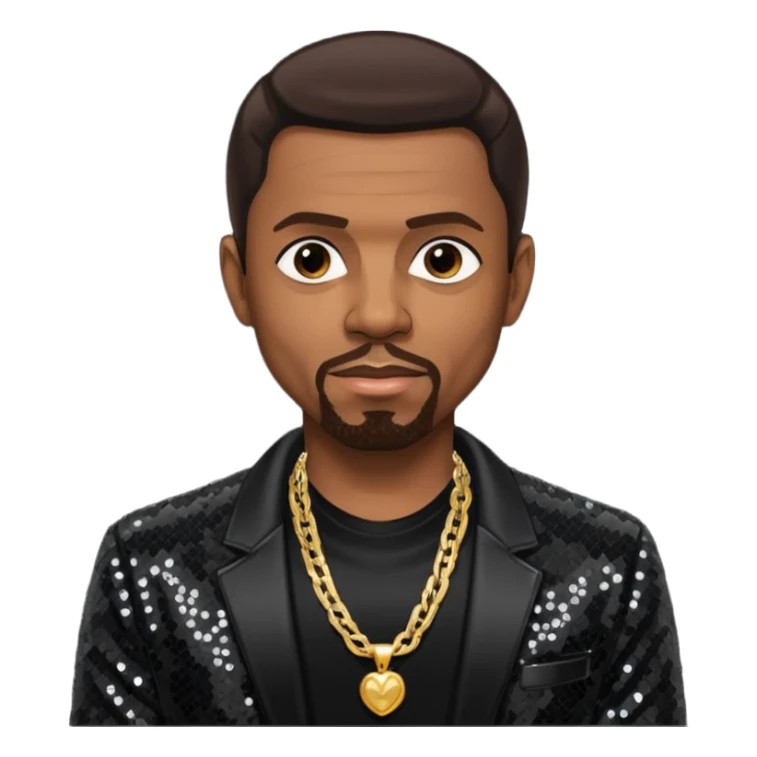 Keith Sweat (b.1961) with dark brown hair, black sequin jacket, black shirt with necklace sticker