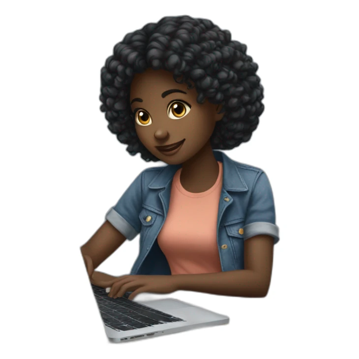 a young african girl with black wavey hair using her macbook to code on her table and where a denim top sticker