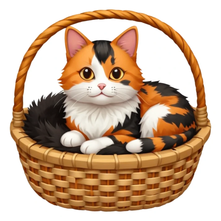 a tricolor cat is lying in a basket sticker