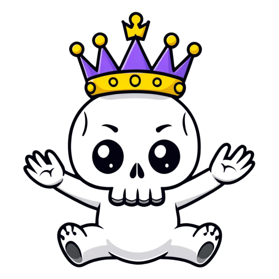 A shocked skull with a crown on top, both hands raised pressing on its head in disbelief, black and white sticker
