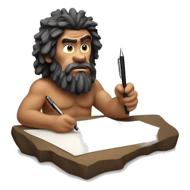 caveman with a pen looking pensively at piece of paper sticker