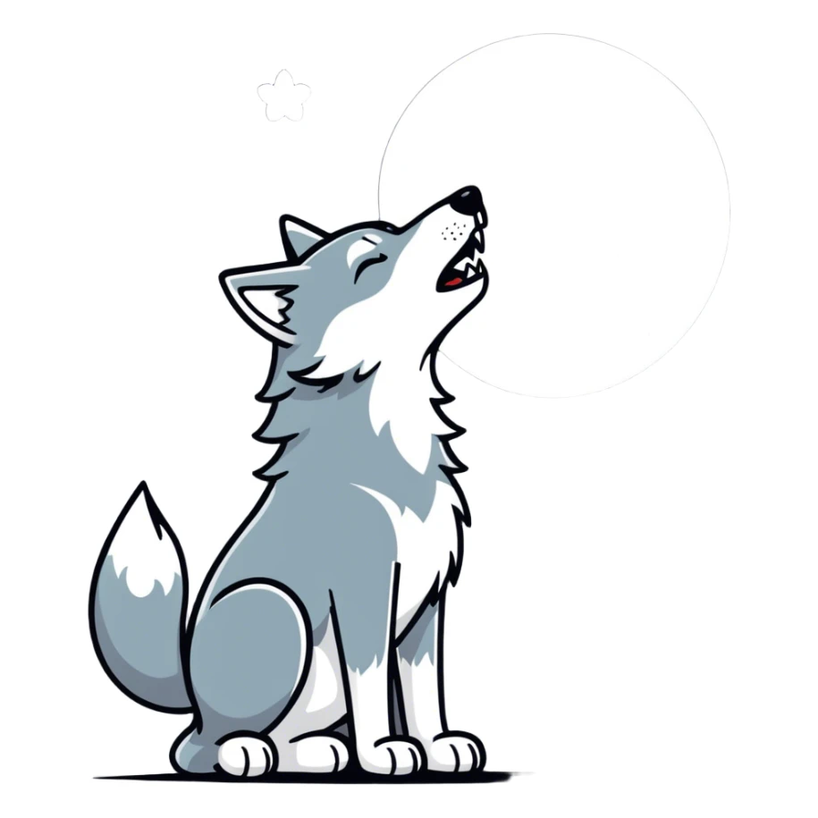 A wolf howling at heart shaped  the moon is shaped like a heart. The wolf has hearts coming out of its mouth, and it’s thumping its leg really fast and excitement. sticker