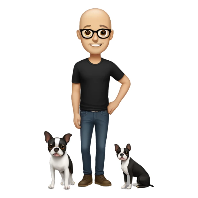 bald man in black shirt with brown eyes glasses holding boston terrier sticker