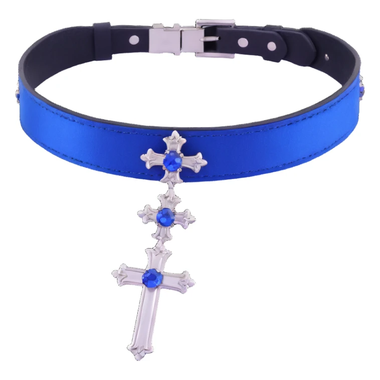 gothic choker with sapphire blue satin band, silver cross pendant, blue gemstone centerpiece, sparkling white effect, elegant and gothic sticker