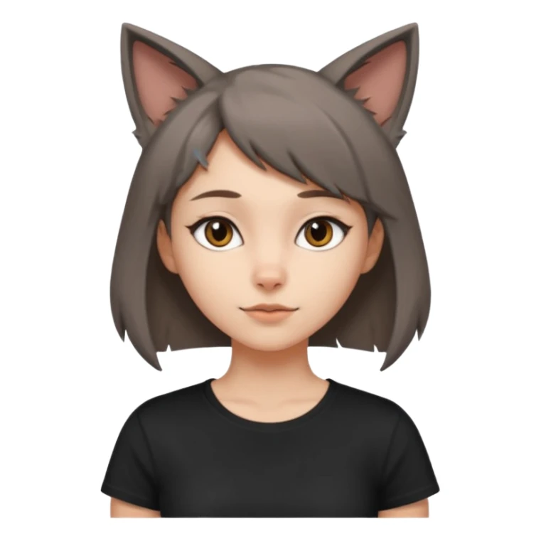 a girl with short brown wolf cut , grey cat ears and a tail, with a black t-shirt on sticker