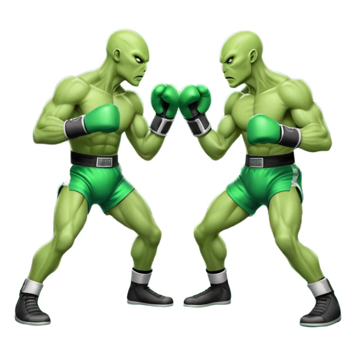two aliens boxing in a fight stance, facing each other with raised gloves, dynamic action pose, intense expressions, sci-fi arena vibe, 3D cartoon style, mobile game icon style, clean background, no text, no watermark
 sticker