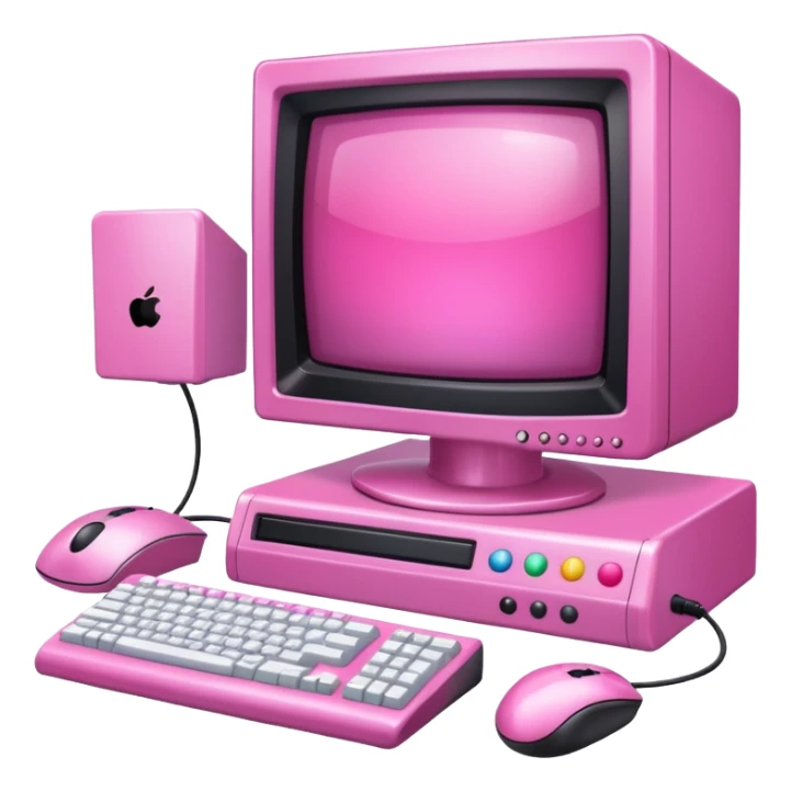 shiny pink transparent sparkly 90s computer with CRT monitor, keyboard, PC tower, mouse sticker