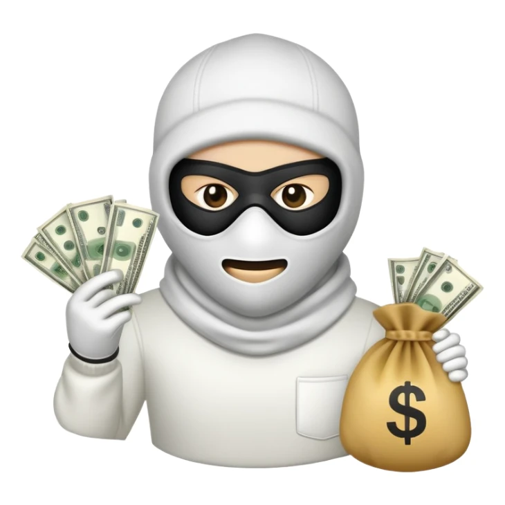 Ski mask holding money bag with white face sticker