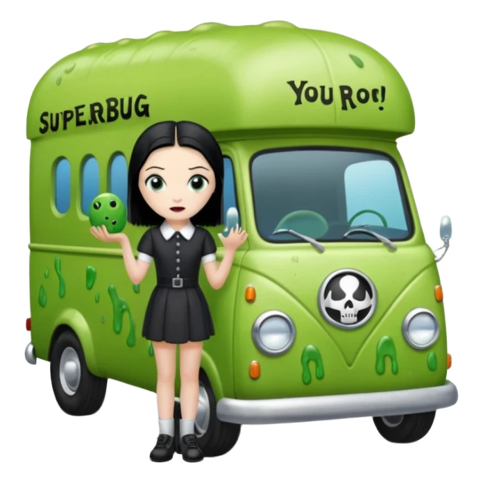 Heroic  Wednesday Adam’s SuperBug Ron’s slime-oozing exterminator antique tall moving van hot rod(motto: You pay me now!) sticker