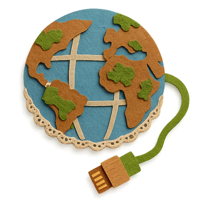 rustic cottagecore version of Internet globe icon, globe with embroidered continents lace trim moss, vine as ethernet cable, wooden connector, soft pastel palette sticker