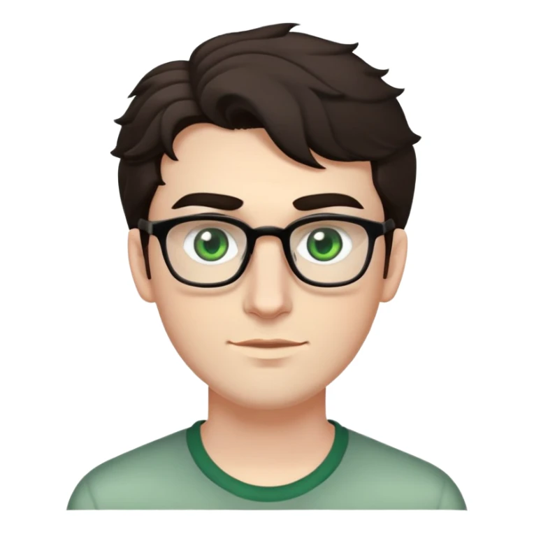 young man with pale skin, larger face, bigger nose, thick dark eyebrows, dark tall voluminous slightly wavy hair styled up high on head but not curly, wearing glasses with green eyes and very light stubble, with a slight smile sticker