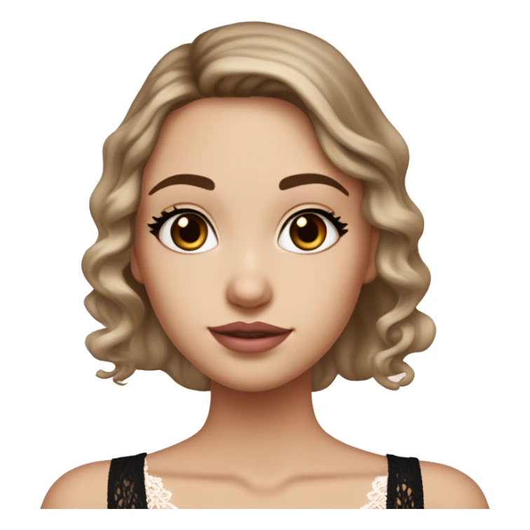 fair-skinned girl with black, slim shaped eyes and long lashes. long, dark brown hair In a wavy/blowout style. wearing a delicate white lace tank top and a dainty gold necklace, plump light pink lips. sticker