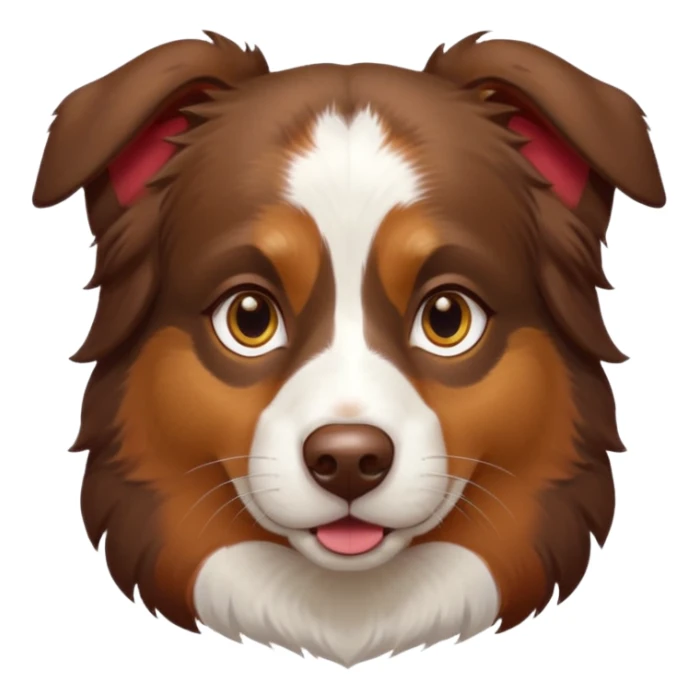 A tri color Australian shepherd with a chocolate brown base coat, red/gold fur on his eyebrows and snout/cheeks, a white chest, and gold eyes. No white on his face, only brown and gold. sticker